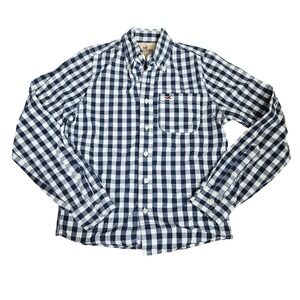 Hollister Mens Small Navy Blue White Gingham Long Sleeve Button Down Shirt Logo
